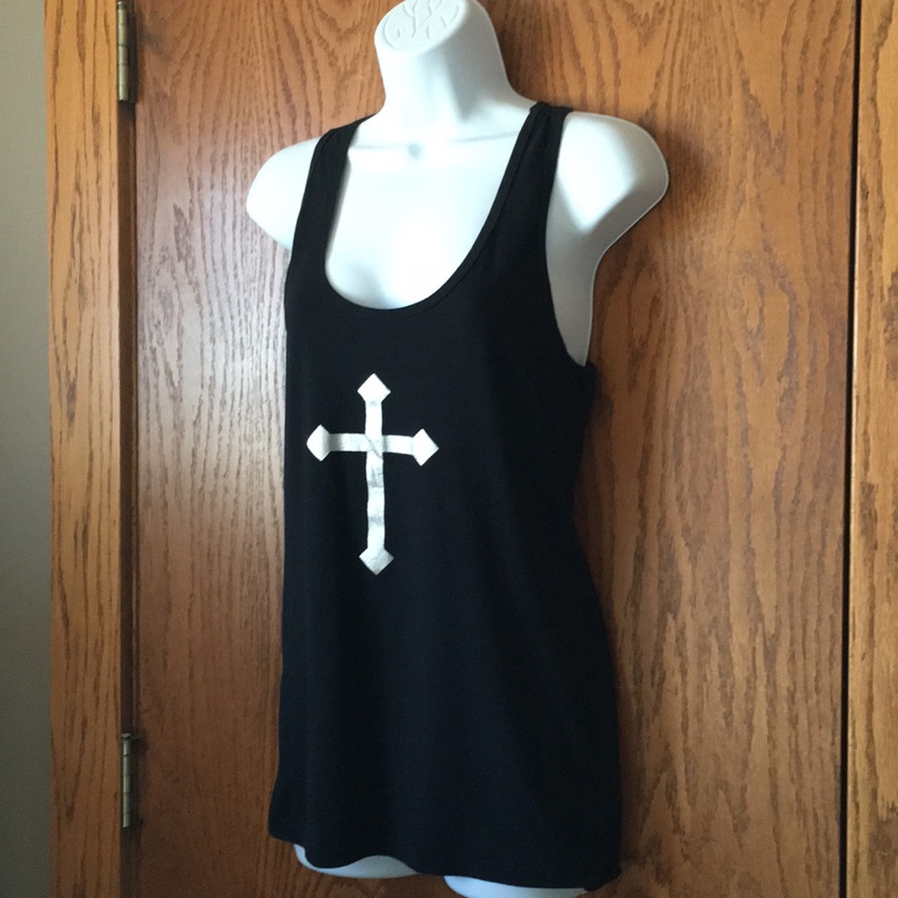 Rue 21 Black long tank with silver budded cross